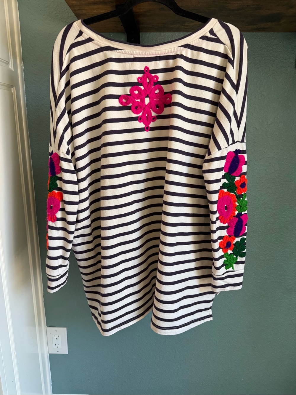Gallabia Striped Embroidered Floral Sleeve Tunic Top Oversized Crochet Boho - Picture 4 of 6